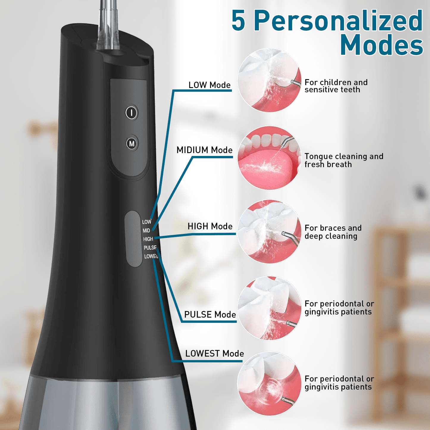 Water Flossers for Teeth - Portable & IPX7 Waterproof Teeth Cleaner Pick for Braces Home, Cordless Water Dental Flosser Pick with 5 Modes 5 Jet Tips