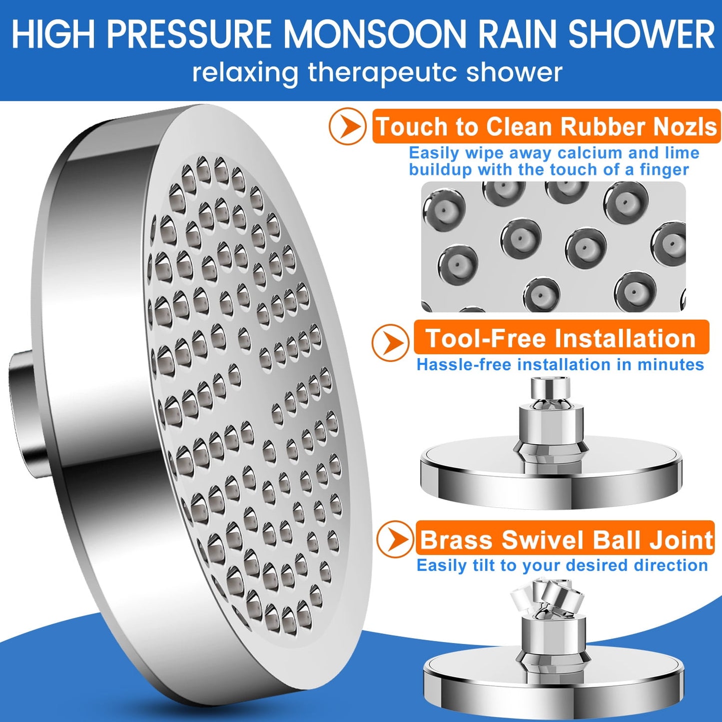 Shower Head, 6" High Pressure Shower Head, Adjustable Stainless Steel Polished Chrome Rain Shower Head with Durable Nozzles