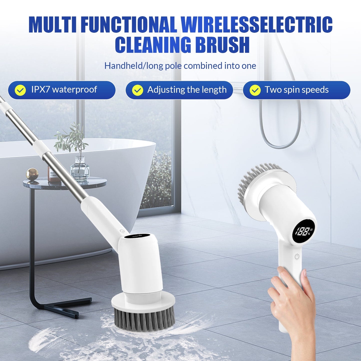 Electric Spin Scrubber, 2-Speed Shower Scrubber with 7 Replaceable Brush Heads, PX7 Waterproof Cordless Power Cleaning Brush with Adjustable Extension Handle, for Bathroom, Kitchen Cleaning