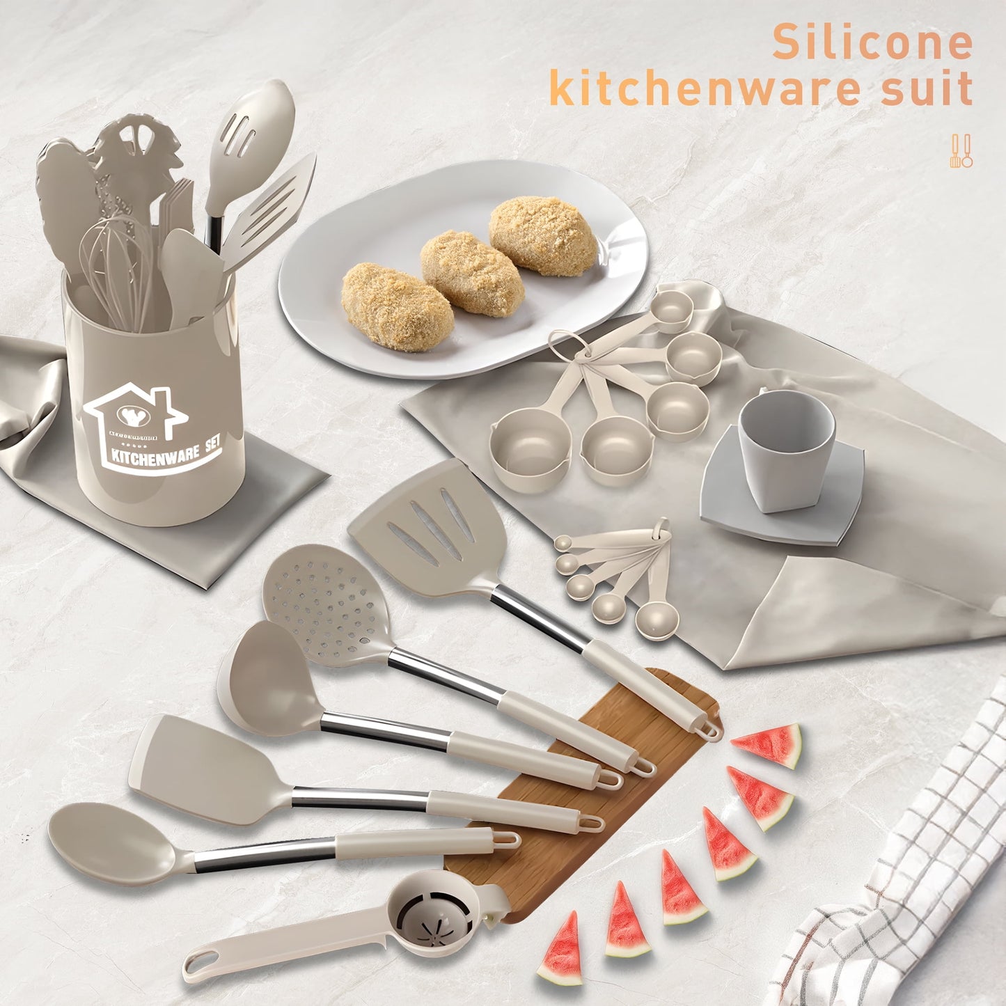 Aartvark Tees Kitchen Utensils Set,26 Piece Stainless Steel Silicone Cookware,Kitchen Spatula, Spoon, Turning Tongs, Brush, Whisk (Khaki)