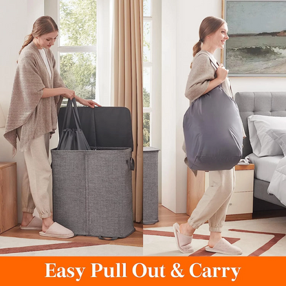 Double Laundry Hamper with Lid and Removable Laundry Bags Laundry Room Large Collapsible 2 Dividers Dirty Clothes Basket with Handles for Bedroom Closet